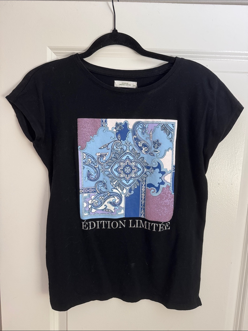 Reserved Black Short Sleeve Tee with Blue and Lavender Paisley Panel